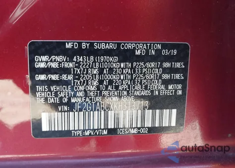 2019 Subaru Crosstrek 2.0I из США, поврежденный, VIN JF2GTABCXKH313713